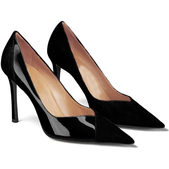 Women's Black Pointed Toe Pumps Patent Suede Heel Stiletto Slip On High Heels - Picture 1 of 6
